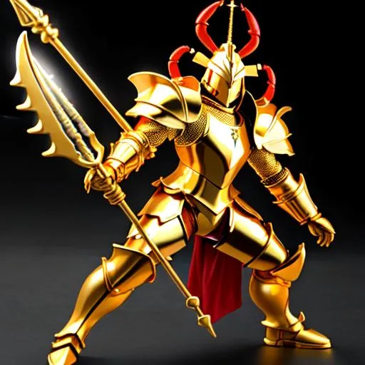 Prompt: A humanoid lobster wearing golden scale armor, wielding a golden trident