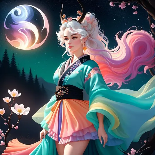 Prompt: painting of a beautiful girl, style of Fragonard, Pixar, Bob Ross, (messy hair), arms showing, legs showing, dusk, midnight, ((night sky)), sakura, peach, teal, black, bioluminescent, veils, (wearing intricate kimono), (white stag horns),  (fluffy white wolf ears), stars, ((yggdrasil in the background)), glowing, river, stream, lanterns, world tree, night sky, delicate, soft, silk, threads, ethereal, nebula, galaxy, luminous, ribbons, 3D lighting, soft light