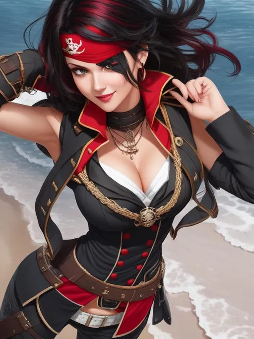Prompt: ombre red-black hair, pirate captain, eye-patch, solo, mole under eye, happy, mole on body, fullbody, ((full body)) {{good looking}} {{cute}} {{good body}} {{tight}}, symmetrically colored hair, {{shadows}},
