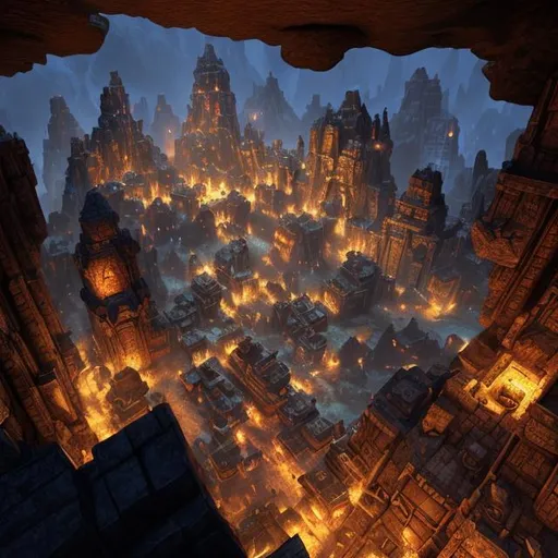 Prompt: dwarven city, underground cavern, city hanging from cavern roof, by sam burley, epic lighting, hi res