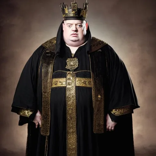 Prompt: brendan fraser, pale, eye scar, bald, fat, obese, massive, king, emperor, black robe with gold details, fur black crown hat