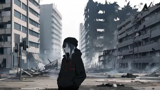 Prompt: Destroyed building, gils, black cap, black hoody, smoke, tired look
