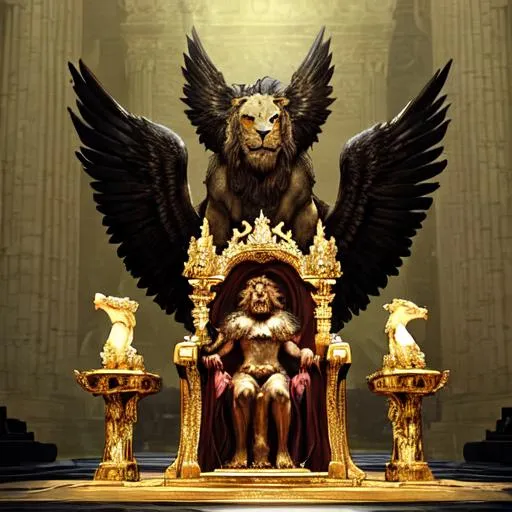 Prompt: (Throne Room) In the center, were ((four living creatures)), and they were covered with ((eyes)), in front and in back.  The first a (lion), the second an (ox), the third a (man), the fourth a (flying eagle). Each had ((six wings)) and was ((covered with eyes)) all around, even under its wings gritty dark realism (angels)