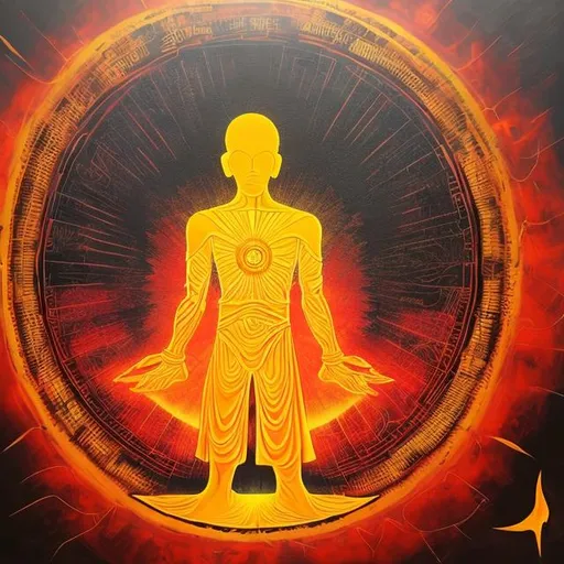 Prompt: super-consciousness style painting, A man's silhouette standing centred and  frontwise with the sun located in the solar plexus representing the force of will covered with a layer of transparent paint