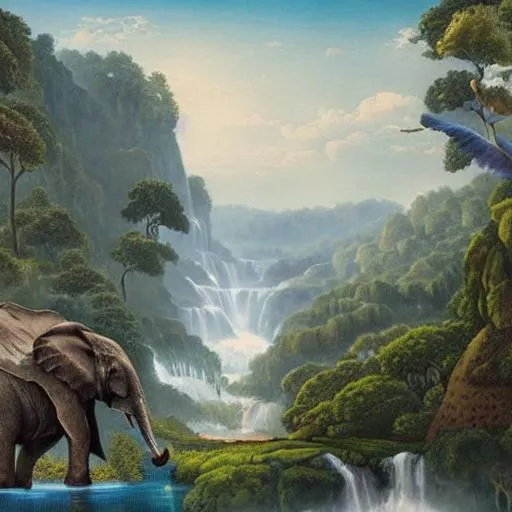 Prompt: surrounding me with 7 green hills 900 meters of waterfalls, a flying elephant , Grim painting
