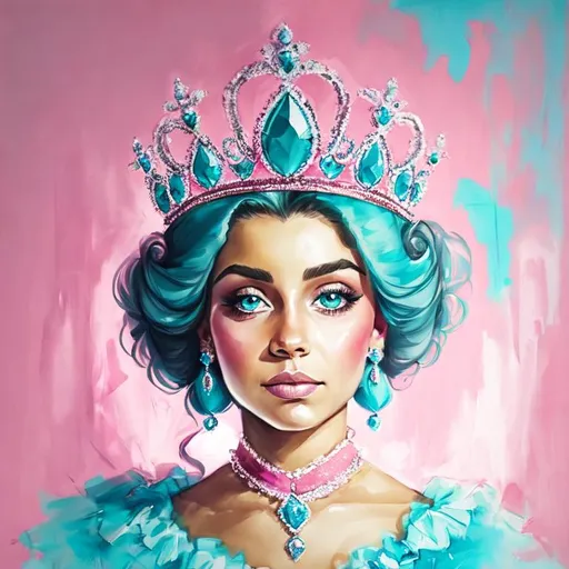 Prompt: princess wearing tiara, pink and turquoise color scheme, facial closeup