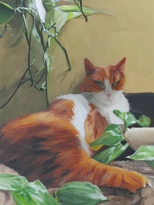 Prompt: In orange and white cat sleeping under a Pothos using green and brown earthtones what’s up buddy oil painting really dark