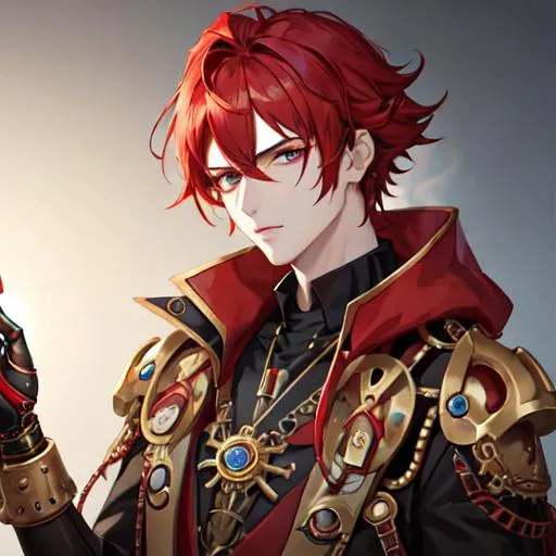 Prompt: Zerif 1male (Red side-swept hair covering his right eye) steampunk, UHD, 8K, highly detailed, mechanical arm