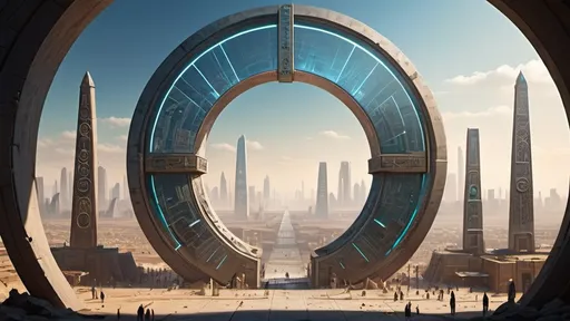 Prompt: small circular portal, small gateway between cities realms worlds kingdoms, small ring standing on edge, freestanding ring, hieroglyphs on ring, complete ring, obelisks, pyramids, futuristic towers, large wide-open city plaza, wide vista view, futuristic cyberpunk dystopian setting