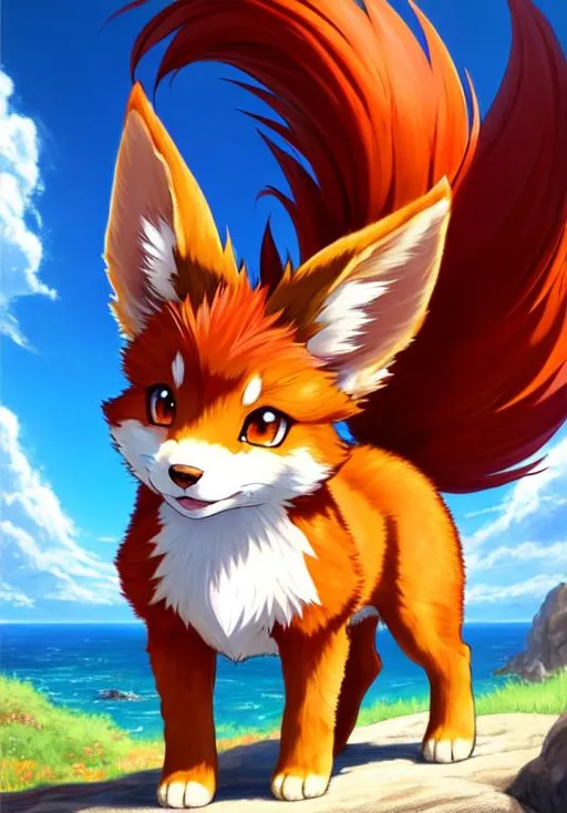 Prompt: UHD, , 8k,  oil painting, Anime,  Very detailed, zoomed out view of character, HD, High Quality, Anime, , Pokemon, Vulpix is a small, quadrupedal, canine Pokémon with six tails. It has a red-brown pelt with a cream-colored underbelly. It has brown eyes, large, pointed ears with dark brown insides, and a triangular dark brown nose. Its paws are slightly darker than the rest of its pelt and have light brown paw pads. On top of its head are three curled locks of orange fur with bangs, and it has orange tails with curled tips. It is most commonly seen with six tails. However, Vulpix is born with only a single, white tail that splits as Vulpix grows. The tails grow hot as it approaches evolution.

Vulpix is capable of manipulating fire to such precision as to create floating wisps of flame. These wisps are sometimes mistaken for ghosts by humans, but Vulpix uses them to assist in catching prey. Inside its body is a flame that never goes out. When the temperature outside increases, it will expel flames from its mouth to prevent its body from overheating. Vulpix is known to feign injury to escape from opponents too powerful for it to defeat. Vulpix can be found most commonly in grassy plains.

Pokémon by Frank Frazetta