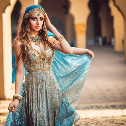 Prompt: Young hot women with blue eyes and Arabian jwellery in gold and blue dress Arabian nights jwellery long wide slit dress 
