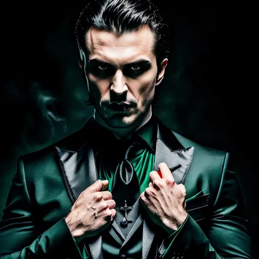 Prompt: Sinister_Attractive_Male_Vampire Style_Of_Tim_Bradstreet Bloody_Fangs Angry Brutal Hyperrealism Intricate_Detailed_Gothic_Portrait Flawless_Emerald_Green_Eyes Wearing_Black_Suit Horror Shadowed_Dark_Color_Background Wind_Blowing_Mid_Length_Hair 8K_Resolution Centered