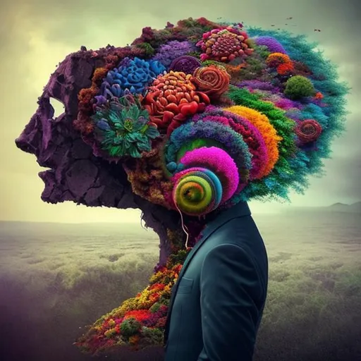 Prompt: Colorful dark surrealism plant growing in place of a man's head