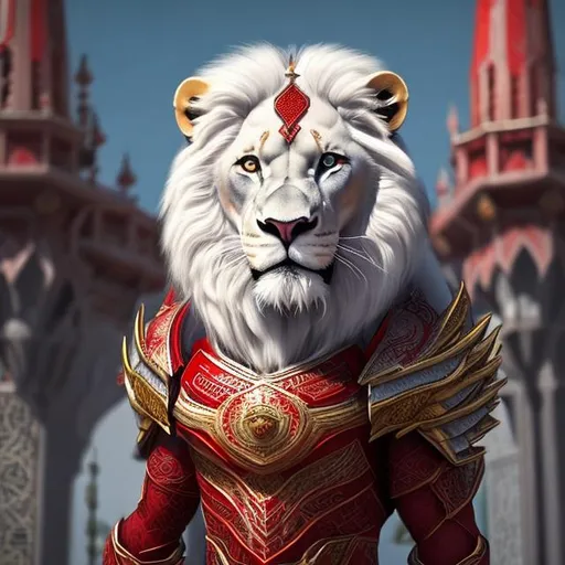 Prompt: a gorgeous white lion with full red winged armor defending a mosque  in 4k 