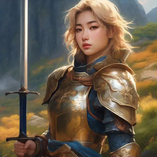 Prompt: Realistic lush ancient landscape, heavy mist, standing at the top of a mountain. a young cute Japanese adult {femboy}, medieval knight paladin holding a sword, detailed face, short brown to blonde hair, dark blue eyes, sun tanned skin, skin spores, round shaped nose, round cheeks, metal armor.