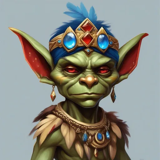 Prompt: Goblin, wearing Maplehontas headband, colors are gold band with blue and red gems and feathers, masterpiece, best quality, in cartoon style