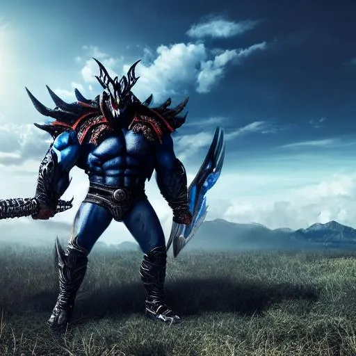 Prompt: Giant fierce demon like monster in an open field, bright lighting, clear blue sky with clouds in the background, HDR, ultra realistic, symmetrical, everything in sharp focus, short fierce teeth, chest armored with plates of steel, metal arms with detailed sharp blades, piercing looks, giant torn wings