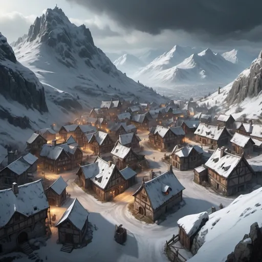 Prompt: Detailed bird's eye view of small medieval village consisting of few buildings various  in snowy mountains, eerie atmosphere, Warhammer fantasy RPG style, high quality, detailed landscape, eerie lighting, fantasy, snowy peaks, ominous clouds, immersive atmosphere, detailed terrain, epic scale, eerie ambiance, RPG style, chilling atmosphere, snowy landscape, bird's eye view, highres, detailed mountains, atmospheric lighting