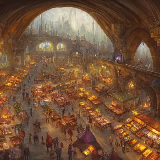 Prompt: large, cavernous hall as large as a town with a fantasy bazaar, with stalls, food stands, and taverns, cinematic composition, detailed, concept art, Matt painting, oil painting, high res, bird view