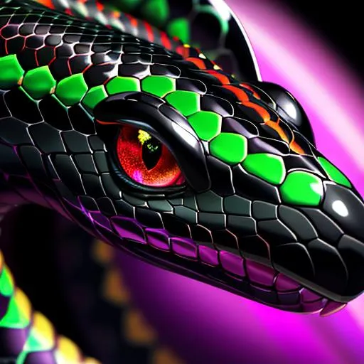 Prompt: a face shot of a twelve-foot snake with black and green markings and red eyes purple aura and a dragon-like face, very glossy and shiny, reflective, perfect composition, hyperrealistic, super detailed, 8k, high quality, trending art, trending on artstation, sharp focus, studio photo, intricate details, highly detailed, Trending on Artstation, Cozy wallpaper, Pastel colors, soft lighting