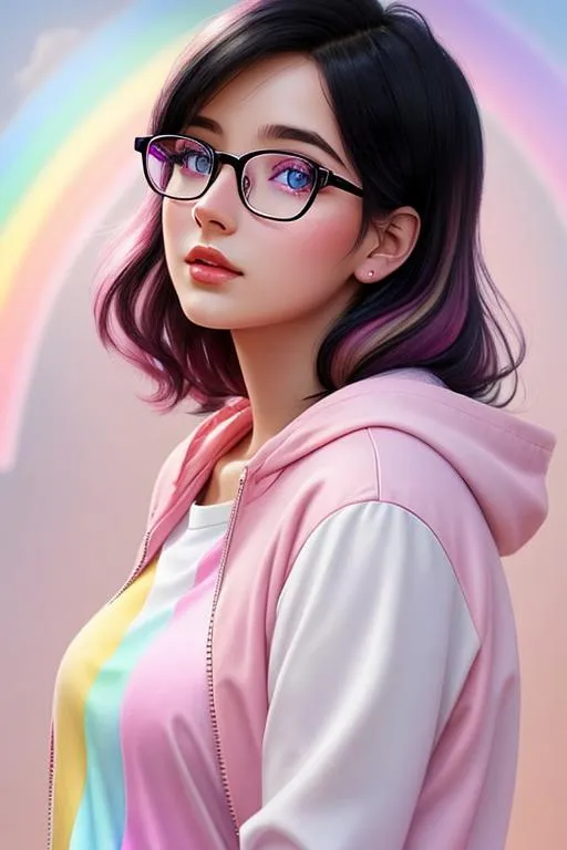 Prompt: soft female, perfect face, beautiful girl, rainbow background, black hair with rainbow highlights, pink clothes, soft lighting, hopeful, british, Illustration, Concept art, Digital, Perfectly drawn, background with rainbows and roses, blue eyes, glasses, british