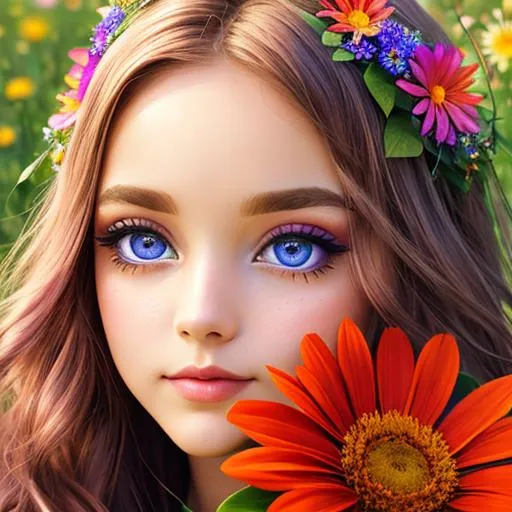 Prompt: Fairy goddess of summer, vivid colors,large eyes, warm coiors, wildflowers, closeup