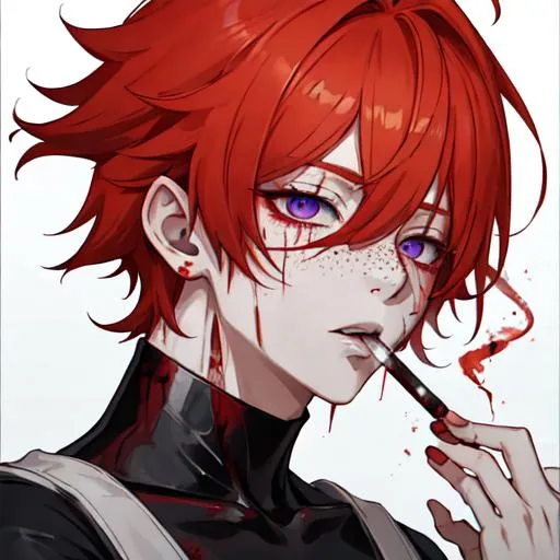 Image AI: Open Art: Erikku male adult (short ginger hair, freckles, right eye blue left eye purple)  UHD, 8K, insane detail anime style, covered in blood, psychotic, covering his face with his hands, face covered in blood and cuts, blood highly detailed, smoking a cigarette, side profile