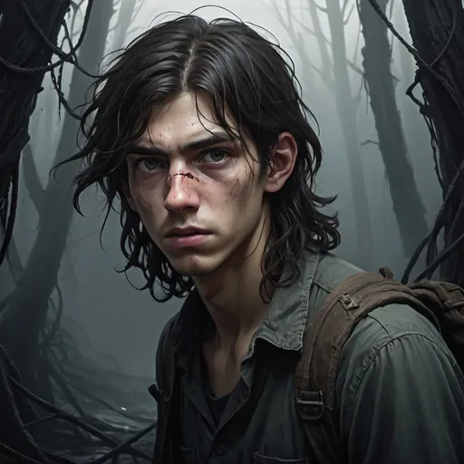 Prompt: {
  "prompt": "A 18-year-old guy with a thin, wiry frame and long, tangled dark hair, looking exhausted and scared. He is wearing dirty, torn clothes and her skin is grimy. His eyes are bloodshot but determined. The background is a dark, foreboding Lovecraftian landscape with eldritch horrors lurking in the shadows. The scene captures the feeling of being on the run for a week, with an atmosphere of fear and survival.",
 
