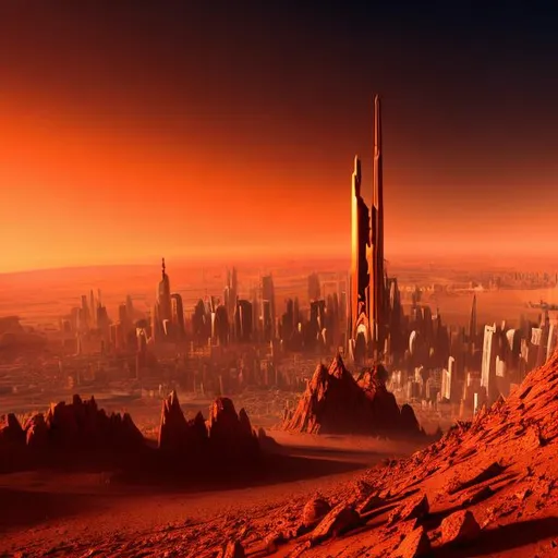 Prompt: Skyscraper skyline on Mars, futuristic architecture, red and orange hues, towering structures, dynamic angles, high quality, ultra-detailed, sci-fi, futuristic, Mars landscape, high-tech, atmospheric lighting