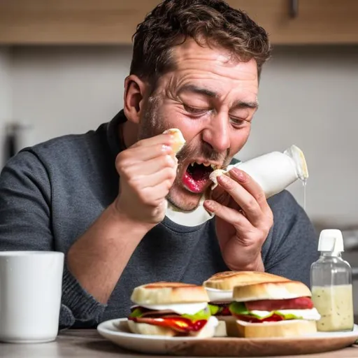 man squirts cream on a sandwich and eats it in front... | OpenArt