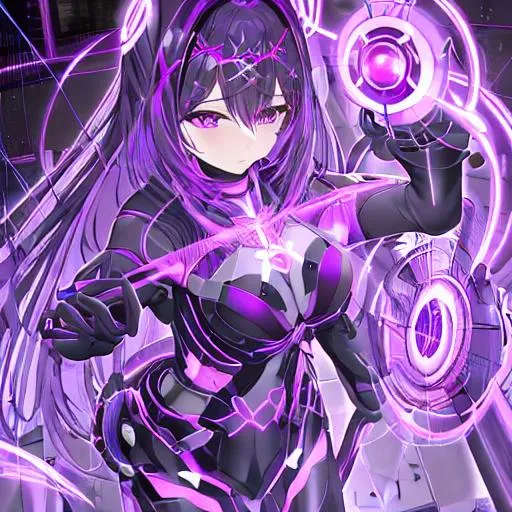 Prompt: techno girl with x ray and purple shining eyes and black magic orbe