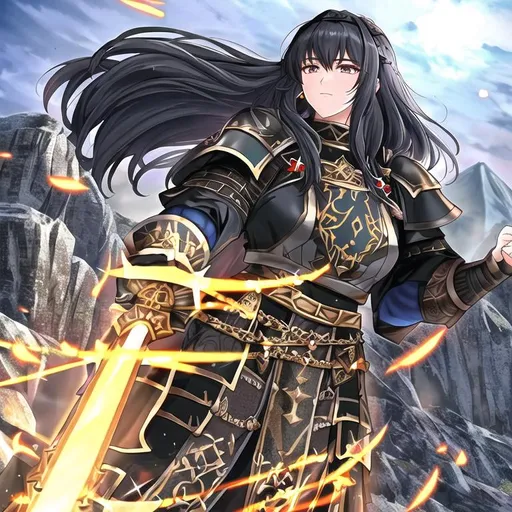 Prompt: Dwarven Paladin, Black hair, medieval armour, In the heart of a colossal mountain, a realm unknown to the surface world thrived—the almighty Dwarven empire. Here, amidst the rugged grandeur, dwelled an extraordinary figure—a heroine of power and grace, elegant, gorgeous, exuding an aura as potent as the very stone that enveloped her. Her upper torso attire bespoke a regal demeanor that harmonized seamlessly with her formidable spirit.

Clad in a form-fitting jumpsuit, deep and majestic in the shade of royal blue, she moved with an air of authority and self-assuredness. Crafted from a lightweight yet flexible material, the jumpsuit embraced her contours, allowing every motion to flow with the grace of a mountain stream. The subtle yet enchanting V-neckline framed her collarbones with an elegance that spoke of her poise.

Delicate embroidery, glistening like gold in the depths of the earth, adorned the jumpsuit's edges. Intricate patterns, woven with threads of regal gold, mirrored the strength that resided within her and the noble aura that surrounded her. As the light danced upon these golden motifs, a magnetic allure emanated from her presence, captivating all who beheld her.

A belt of polished gold, cinched at her waist, accentuated her commanding presence. Its centerpiece emblem depicted her authority and influence, a symbol of unassailable power. The belt not only enhanced her silhouette but also embodied her unyielding determination, a testament to her prowess as a leader.

Completing this upper ensemble, her hair flowed like a cascade of luxuriant waves, framing her face like a crown forged from her own majesty. Intricate gold hairpins held her locks in place, each one a masterpiece that reflected her affinity for both strength and beauty—a harmonious blend of the warrior's might and the regal grace that marked her as the heart and soul of the almighty Dwarven empire, Busty, 4k, HD, High Quality, Effect