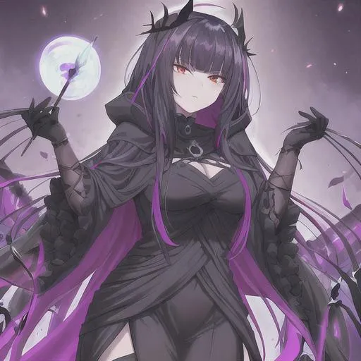 Prompt: Raven Queen Abigail - This skin would reflect Abigail's origins as a member of a family of shadow sorcerers who served the Raven Queen. She would wear a dark hooded cloak with Raven Queen emblems and wield a staff imbued with the power of the Shadowfell. Her abilities could be recolored to reflect the Raven Queen's influence, with black and purple effects.