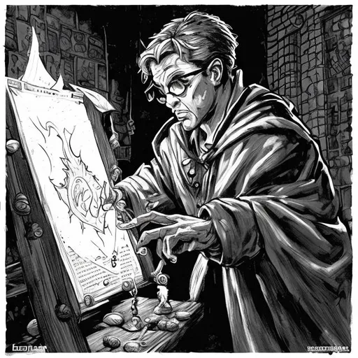 Prompt: a caster casting a spell, style Larry Elmores, make me a black and white artwork, HEROQUEST, 90S FANTASY, 90S, comic, illustration