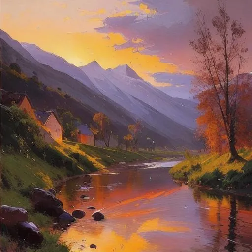 Prompt: Peder mork monsted.  Sunset.  Mountain stream. Gouache