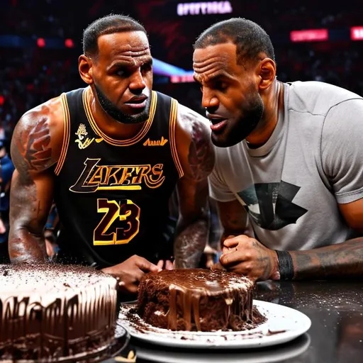 Prompt: (ultra high quality) lushill style, 10000000K UFHD clear and High resolution, high quality digital art, lebron james eating a mud cake