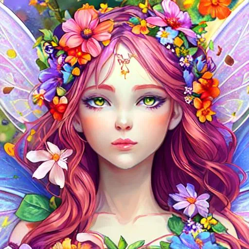 Prompt: Fairy goddess of summer floral colors, closeup