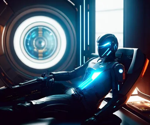 Prompt: a spaceship cyborg pilot in a transparent suit, laying down in a chair, in a cyberpunk setting, cyborg, implants, high details, realistic , professionally colour graded, photorealism, 8k, grim dark lighting, art by the Caravage