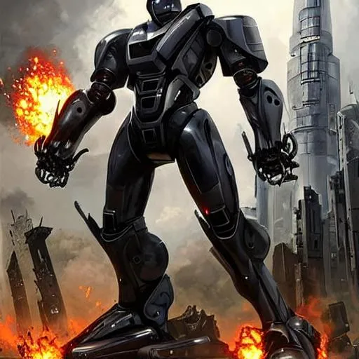 Prompt: Giant robotic prototype suit, black robotic suit, highest quality art, white neon robotic eyes, head, arms, torso, legs, humanoid appearance, fighting stance, minigun on left arm, sword on right arm, destroyed city background, explosion background, war, giant, shoulder armor, black warrior armor, bulk, muscular, neck armor, horns, armor spike, primary black color, white secondary color