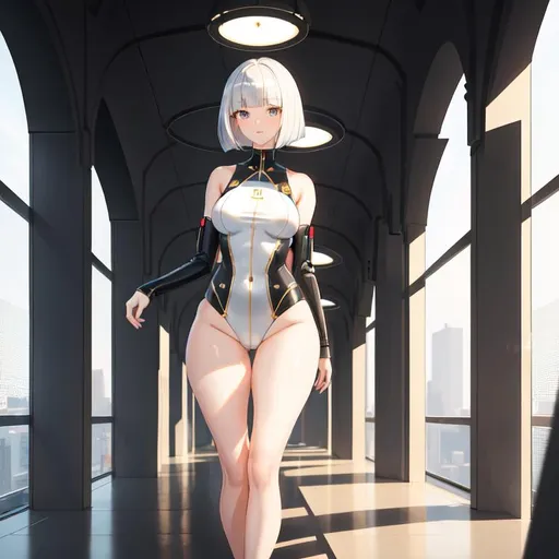 Prompt: a lonely AI girl, very tall, thick thighs, wide hips, long legs, slender waist, big symmetrical eyes, aloof expression, bob haircut with bangs, studying for college exams, 12K resolution, hyper quality, hyper-detailed, depth of field