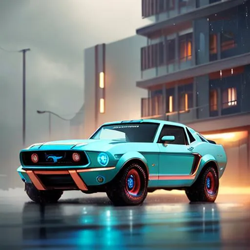 Prompt: Soft Cyan with copper accents, futuristic Ford Mustang combined with a Ford Bronco, Hyper realism, outdoor and the weather is rainy, natural lighting, professional photos, tilt shift, symmetrical, sharp, clean edges, precise architect, round tires,