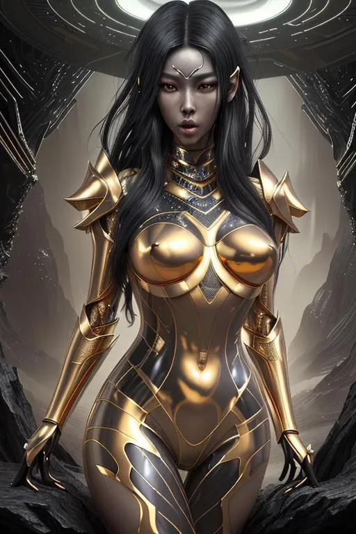 Prompt: splash art, hyper detailed, hyper realistic, highly detailed, dark, surreal heavy mist, floating at the edge of the Universe, on an alien planet, 

create a computer generated exquisite, beautiful, slender, ultra realistic young adult Asian hologram of a female Time Lord,  wearing highly detailed and obsidian and gold armor,

Gorgeous detailed facial features, long legs, vibrant sumptuous, perfect body, ultra pale, visible midriff, heavy iron collar, 

Perfect studio lighting, perfect shading. HDR, UHD, high res, 64k, cinematic lighting, special effects, hd octane render, professional photograph, trending on artstation, .