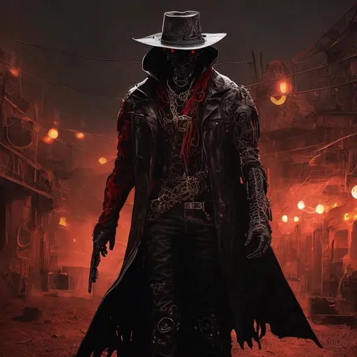 Prompt: Cyber Cowboy with 4 Arms, fiery red Poncho, Dressed in black duster and Stetson Cowboy Hat, with Red eyes, Haunting Presence, Intricately Detailed, Hyperdetailed, Desert Wild West Landscape, Dusty Midnight Lighting, Wild West Feel