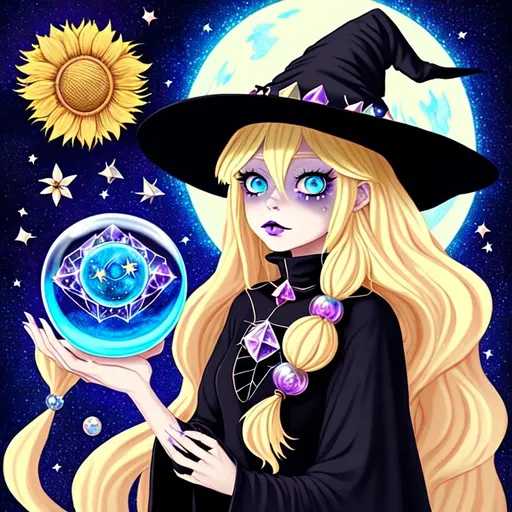 Prompt: witch with long blonde hair, using crystal ball, kawaii, aesthetic, colorful, whimsygoth, soft, steven universe, moon, stars, black cat, witchcraft, in a starry pastel sky, space, art, rpg, sweet, disney, pixar, sunflower, blue eyes, soft, glittering