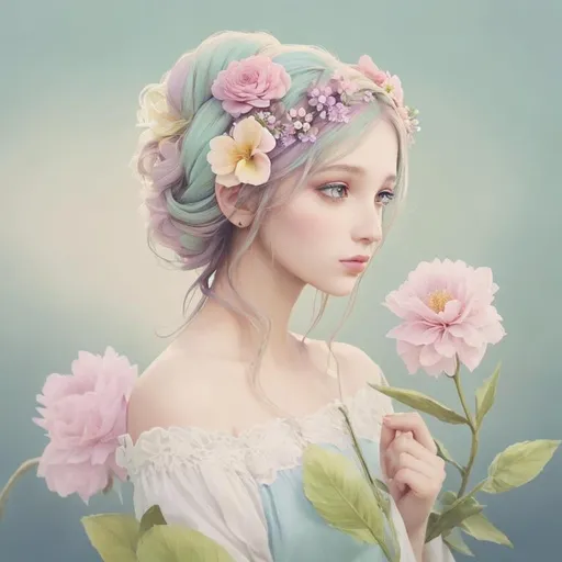 Prompt: Beautiful creation, woman with flowers in her hair, pastel colors