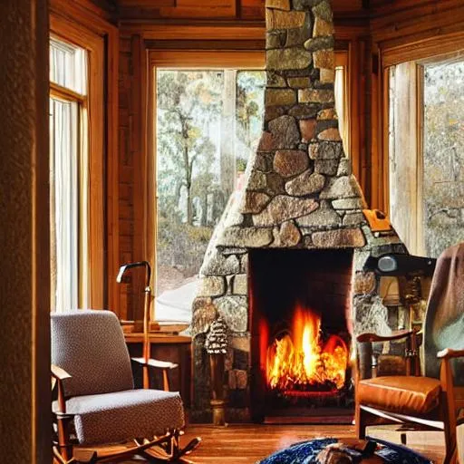 Prompt: roaring fire in a fireplace, rocking chair close to fire, warm colors, cozy, cane resting on chair, 