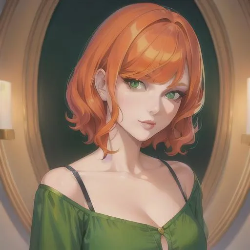 Prompt: (masterpiece, illustration, best quality:1.2), short trimmed orange hair, devilish green eyes, wearing green silky nightgown, best quality face, best quality, best quality skin, best quality eyes, best quality lips, ultra-detailed eyes, ultra-detailed hair, ultra-detailed, illustration, colorful, soft glow, 1 girl