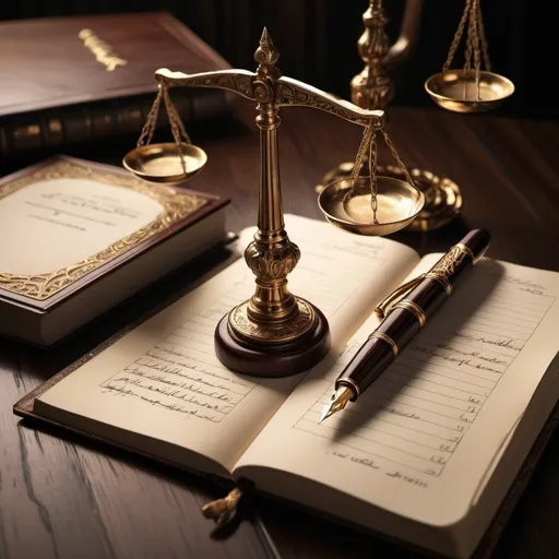 Prompt: (Justice Scales), fountain pen, log book, photorealistic, dramatic lighting, deep shadows, polished metallic surfaces of scales, intricate pen design, open log book with detailed writing, moody atmosphere, dark mahogany wood background, rich brown and gold color tones, legal elegance, high depth, ultra-detailed, 4K quality.