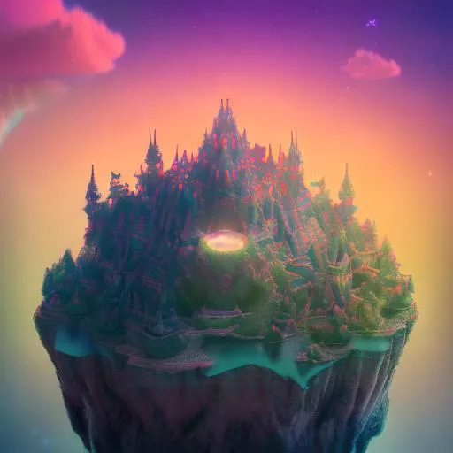Prompt: hologram of 100mm photo of isometric floating island in the sky, surreal flower castle, intricate, high detail, behance, microworlds smooth, macro sharp focus, centered, floating in space, a vibrant digital illustration, dribbble, quantum wavetracing, black background, behance had, colorful