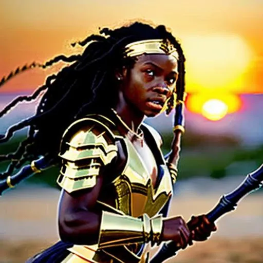 Prompt: Epic battle (Epic movie fight scene) (Full body, Hyperealistic detailed photography). Beautiful ebonian warrior princess fighting with a spear, leading her tribe into battle, strong-willed, (determined eyes), (golden necklace), (golden headband), (light armor dark blue cloth), black hair, armed with shining magical spear. Savannah. Dark. Sunset.